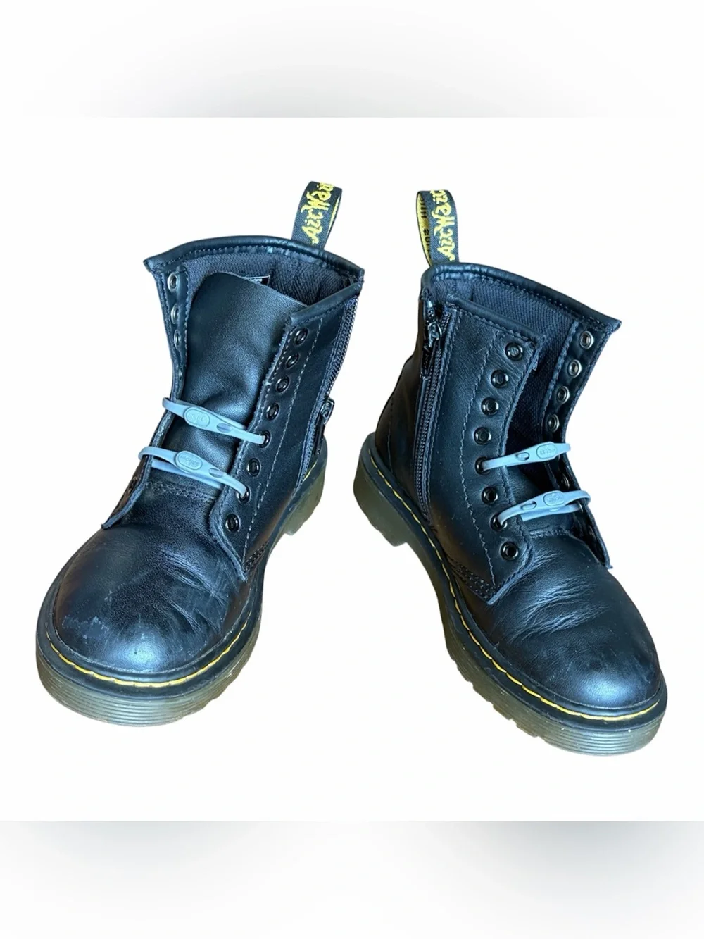 Dr Martens Kids 1460 Black Leather Combat Boots Size 12 Side Zip+Elastic Laces